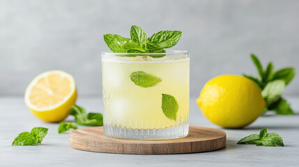 Refreshing lemon mint drink served in crystal glass with mint leaves and lemon slices