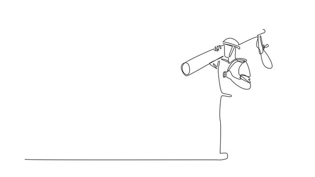 Animated self drawing of single continuous line drawing lineman lifts electric pole and cable reel. Finds right electrical wiring. National Lineman Appreciation Day. Full length single line animation
