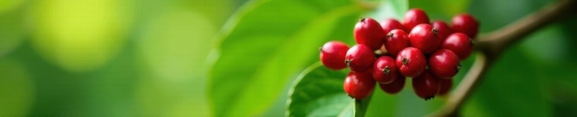 Luscious red coffee cherries cluster on branch, vibrant green foliage , abundant, red fruit, coffee cultivation