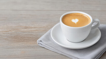 Obraz premium beautiful cup of coffee with heart design on top, resting on soft napkin