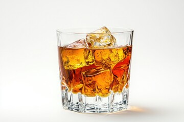 Refreshing Whiskey with Ice Cubes in Elegant Glass on White Background