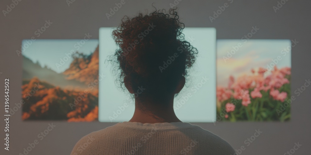 Leinwandbilder immersive multi-screen digital storytelling curly-haired creator exploring sensory visual narratives