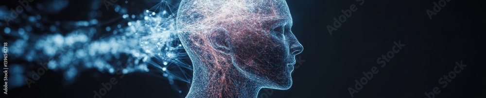 Poster Neurotechnology Visualization Ethereal Digital Human Silhouette with Quantum Neural Network Mapping - Cutting-Edge Cognitive Performance and AI Wellness Innovation