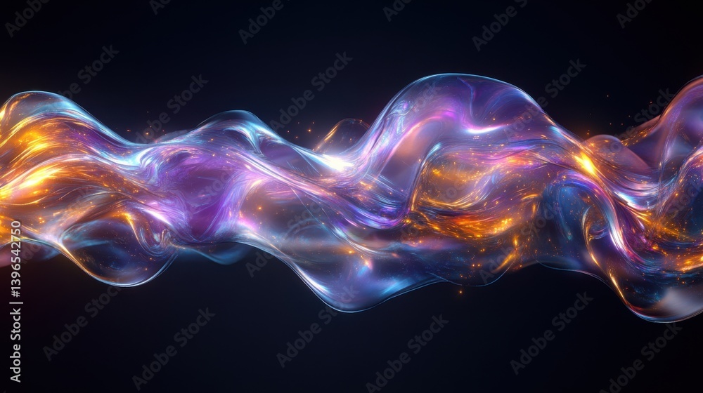 Poster a vibrant, flowing abstract design featuring colorful waves of light against a dark background, crea