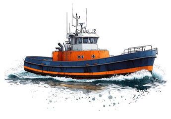 Fototapeta premium Blue And Orange Tugboat Watercolor Illustration On Open Water Isolated Design