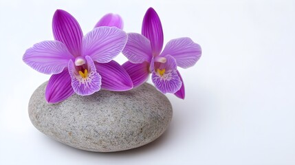 Elegant Orchid Arrangement with Purple Flowers on Smooth Stone