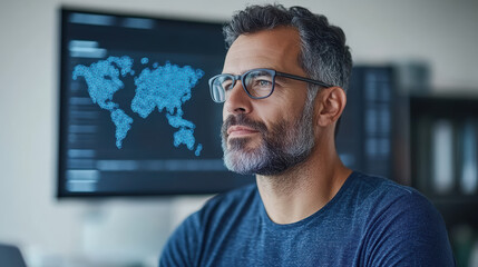 Focused professional man with glasses contemplating data analysis in modern workspace
