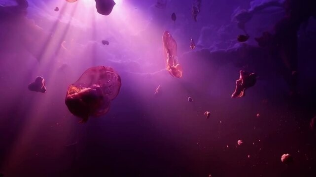 A scene of pink and purple objects floating in the air. Scene is dreamy and surreal