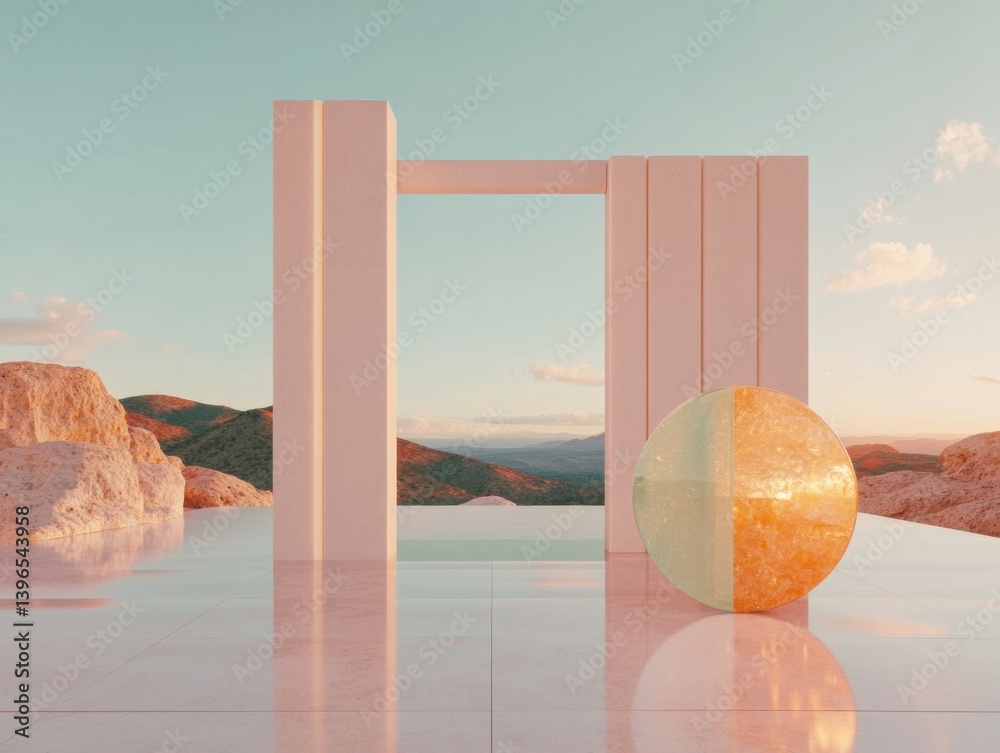 Poster transcendent spatial design minimalist architectural portal reveals surreal landscape with geometric