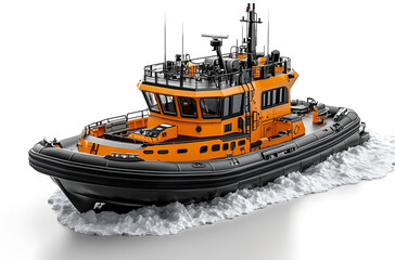 Fototapeta premium Modern Orange Tugboat Isolated On White Background Water Transportation Marine Vessel