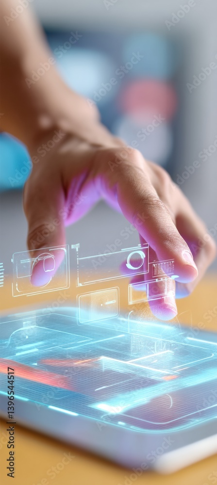 Fototapete Immersive Digital Innovation Gen Z Designer Exploring Augmented Reality Interfaces with Dynamic Holographic Interaction for Next-Generation Creative Workspace Solutions