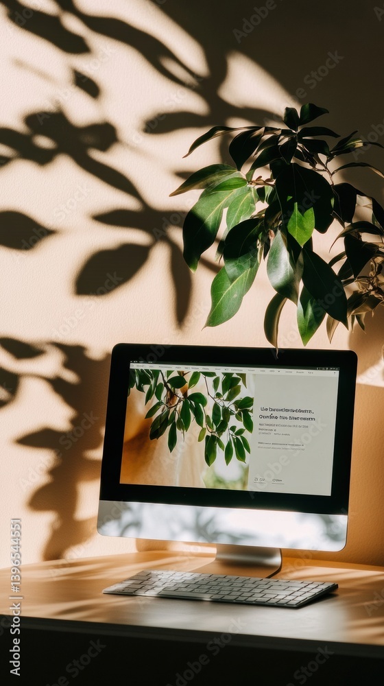 Aufkleber digital wellness meets botanical minimalism sleek desktop experience with nature-inspired workspace 