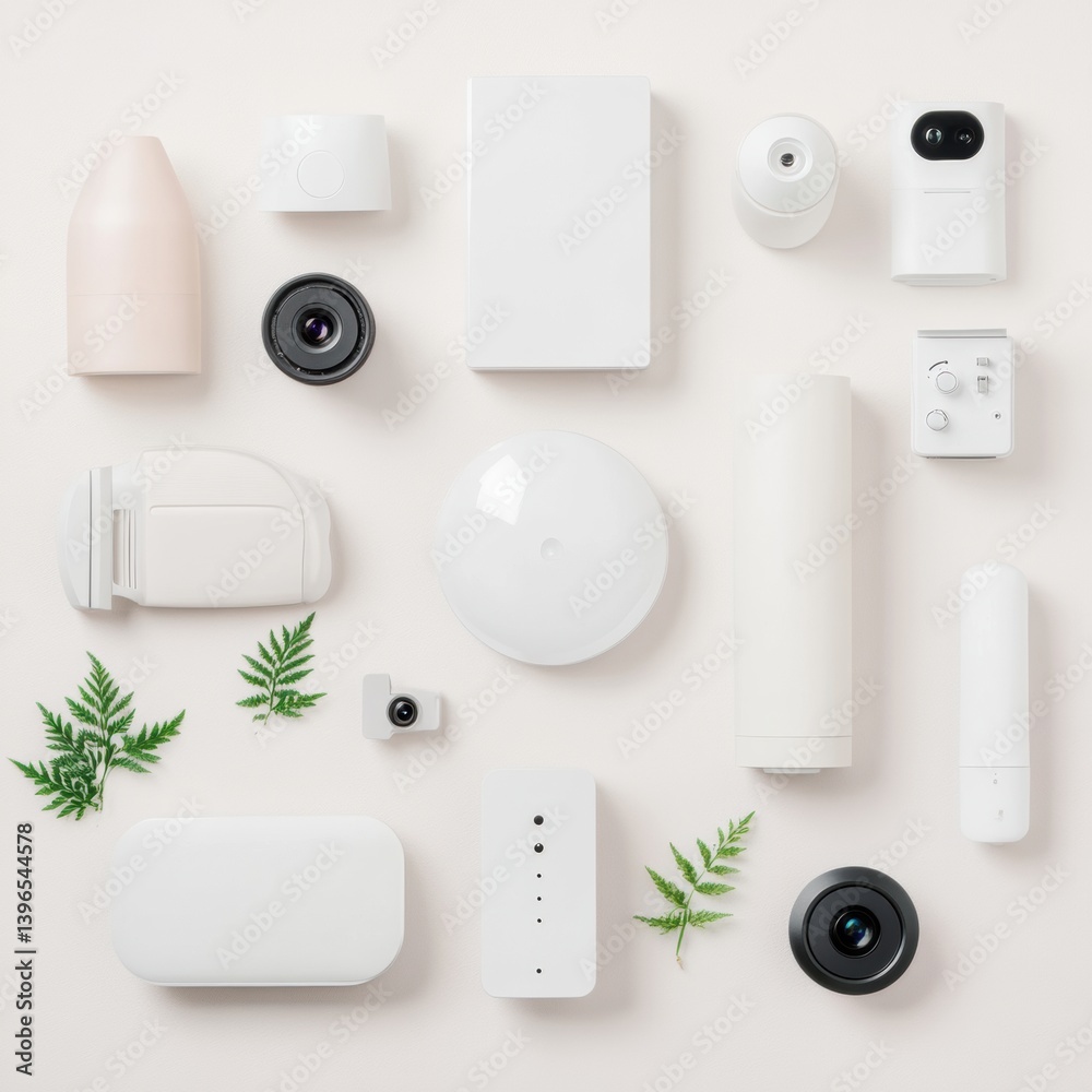 Aufkleber minimalist smart home security ecosystem sleek white iot devices with biophilic accents - cutting-ed