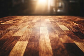 Wooden table top, bright light, blurred background