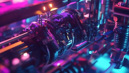Futuristic mechanical system with vibrant lighting.  Complex, intricate design