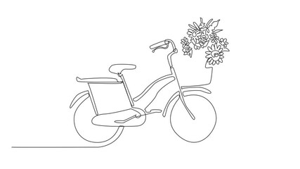 Self drawing animation of continuous line drawing mini bike with a basket on front filled with flowers and leaves. Bicycles do not harm nature. Keeping nature green. Bicycle Day. Full length animated