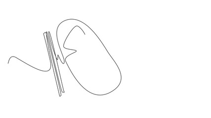 Self drawing animation of single one line drawing 3 pieces of onigiri on an oval wooden plate and also chopsticks. Delicious Asian-style food. Appetizer. National Rice Ball Day. Full length animated