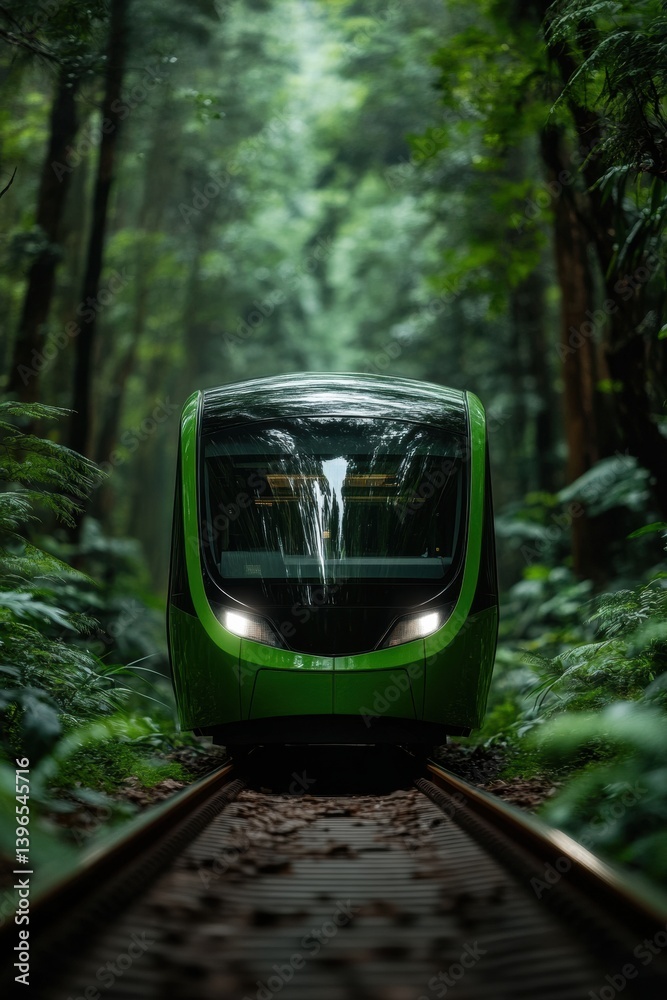 Poster verdant transit future eco-friendly high-speed rail cutting through ancient forest - next-generation