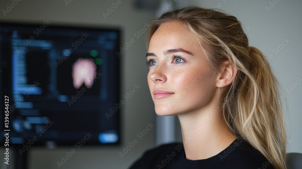 Poster Precision Dental Innovation AI-Driven Healthcare Professional Visualizing Advanced Digital Imaging Technology in Modern Clinical Workspace - Transformative Medical Visualization
