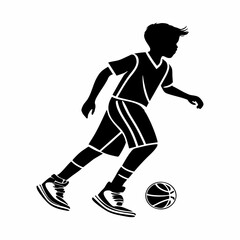 Fototapeta premium Silhouette of a Young Boy Kicking a Football, Black and White Vector Illustration.