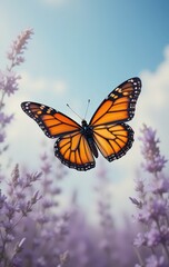 Naklejka premium A vibrant monarch butterfly gracefully flutters above a cluster of delicate purple flowers, its striking orange and black wings contrasting beautifully with the floral backdrop.