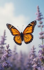 Fototapeta premium A vibrant monarch butterfly gracefully flutters above a cluster of blooming purple flowers, its striking orange and black wings contrasting beautifully with the vivid petals.