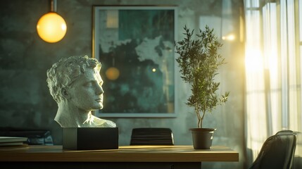 A serene workspace featuring a classical bust sculpture, a potted plant, and warm sunlight streaming through a window.