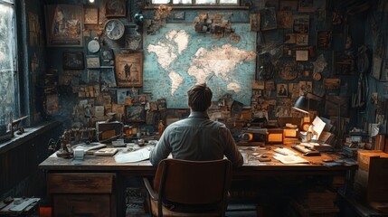 A contemplative individual sits at a cluttered desk surrounded by maps and photographs, immersed in a world of exploration and discovery.