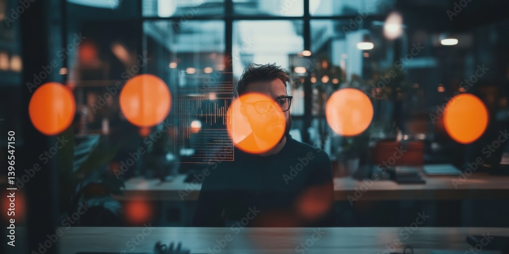 Aufkleber Futuristic Data Intelligence Blurred Tech Professional Navigating Immersive Analytics Environment with Dynamic Orange Bokeh Visualization - Next-Gen Strategic Insights