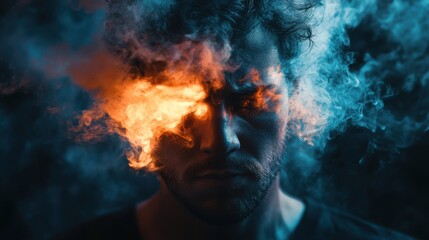 A dramatic portrait of a man with smoke and fire effects, representing intense emotions and creativity.
