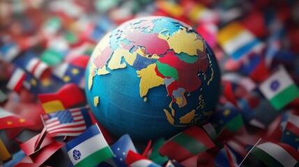 Colorful globe surrounded by miniature flags representing global unity and diversity.