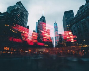 Cybernetic Urban Horizon Dynamic Financial District Visualization with Neon-Infused Digital Overlay - Futuristic Economic Landscape of Technological Innovation and Market Transformation