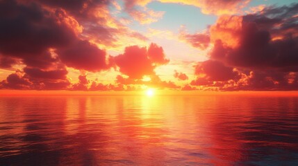 Fototapeta premium A breathtaking sunset over a tranquil ocean, with vibrant colors reflecting on the water, creating a serene and picturesque atmosphere.
