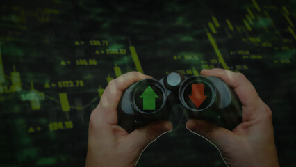 economy illustration. blurred trendline and binoculars. up and down arrows. stock trade background. business, industry, and market design element.	