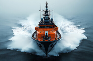 Fototapeta premium Maritime Patrol Vessel Advancing Through Ocean Water Generating Foamy Wake
