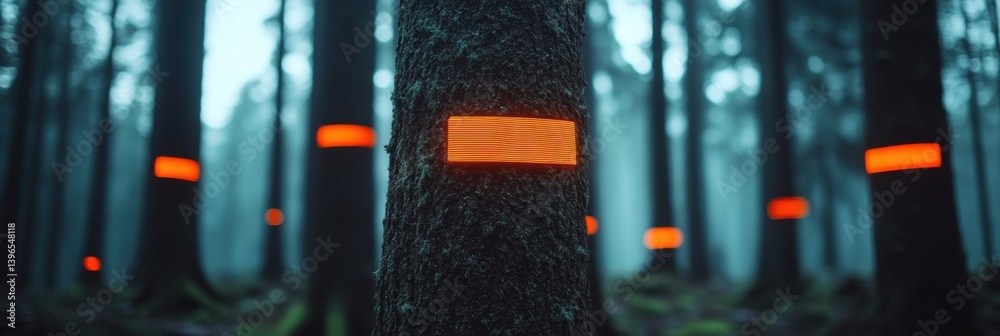 Aufkleber eco-innovative forest monitoring smart iot sensors illuminating climate tech sustainability in misty