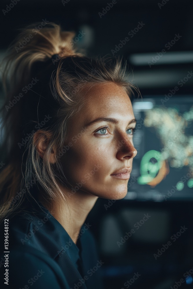 Aufkleber Immersive Data Intelligence Gen Z Professional Navigating Cutting-Edge Digital Analytics with Focused Precision in Modern Tech-Driven Workplace Environment