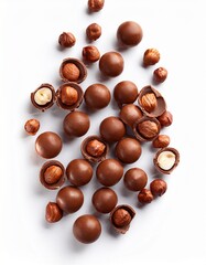 Obraz premium Chocolate balls and half with hazelnut isolated on white, top view. Generated image