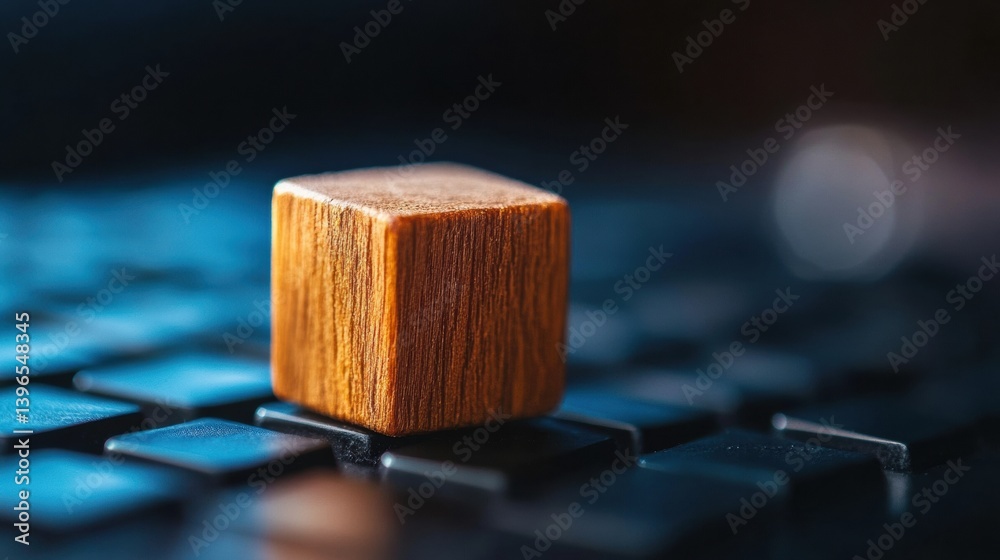 Fototapete Digital Minimalism Meets Tactile Design Warm Wooden Cube on Sleek Keyboard - Mindful Workspace Innovation for Productivity and Creative Technology Interfaces