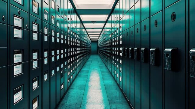 Modern Corridor of Metallic Lockers for Secure Storage, vertical video