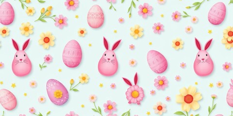 Pastel Easter eggs, bunnies, and spring flowers in a cheerful seamless pattern on a light blue background, pattern, design element