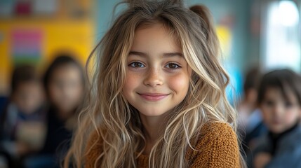 Fototapeta premium Portrait of a beautiful young girl with blonde hair and brown eyes smiling in a classroom setting today