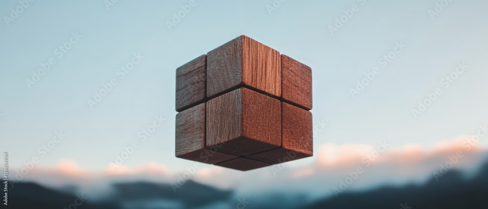 Poster Minimalist Workflow Optimization Levitating Wooden Modular Cube Symbolizing Agile Business Transformation and Strategic Problem-Solving in Digital Innovation Landscape