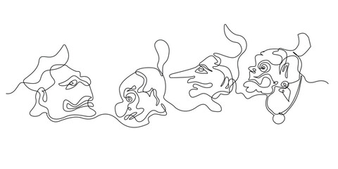 Continuous line of the faces of the Punakawan characters in the Indonesian wayang story. Vector illustration of a single line drawing of the heads of Semar, Gareng, Petruk and Bagong.
