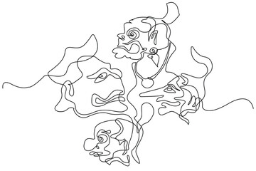 Continuous line of the faces of the Punakawan characters in the Indonesian wayang story. Vector illustration of a single line drawing of the heads of Semar, Gareng, Petruk and Bagong.