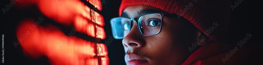 Poster Cybersecurity Narrative Gen Z Innovator in Neon-Lit Tech Environment, Exploring Digital Resilience and Immersive Technological Transformation