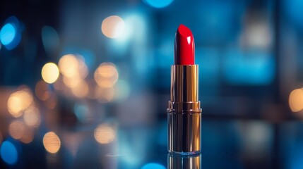 Classic red lipstick on a shiny surface with a blurred city night background.