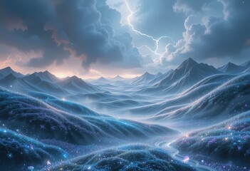 A dramatic painting depicting towering mountains under a stormy sky, where dark, swirling clouds loom overhead, illuminated by striking bolts of lightning that pierce the atmosphere.