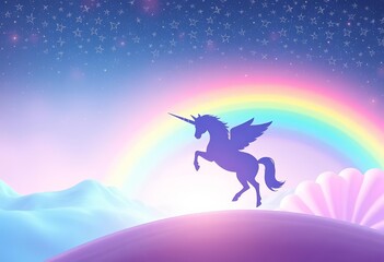 Pastel rainbow backdrop, winged unicorn silhouette, stars, magical landscape, abstract cute candy pattern, graphic, lovely