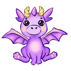 Cute cartoon purple baby dragon. Watercolor illustration of childish fairy dragon with wings, horns, ears and cat paws. Sitting pose with playful expression. Character for children products or books.